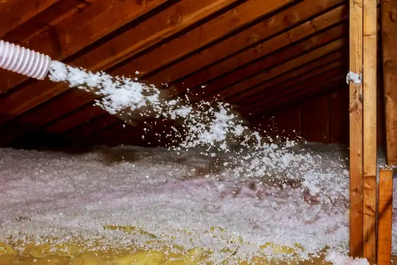 Loose-fill insulation being blown through a hose across an attic floor